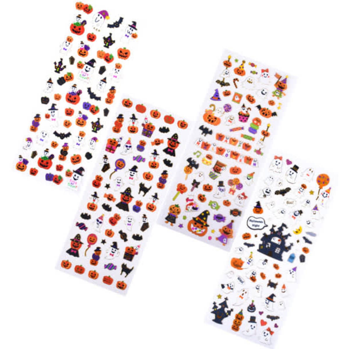 Four sheets of colourful Halloween-themed PVC clear cartoon stickers featuring pumpkins, ghosts, bats, and witches.