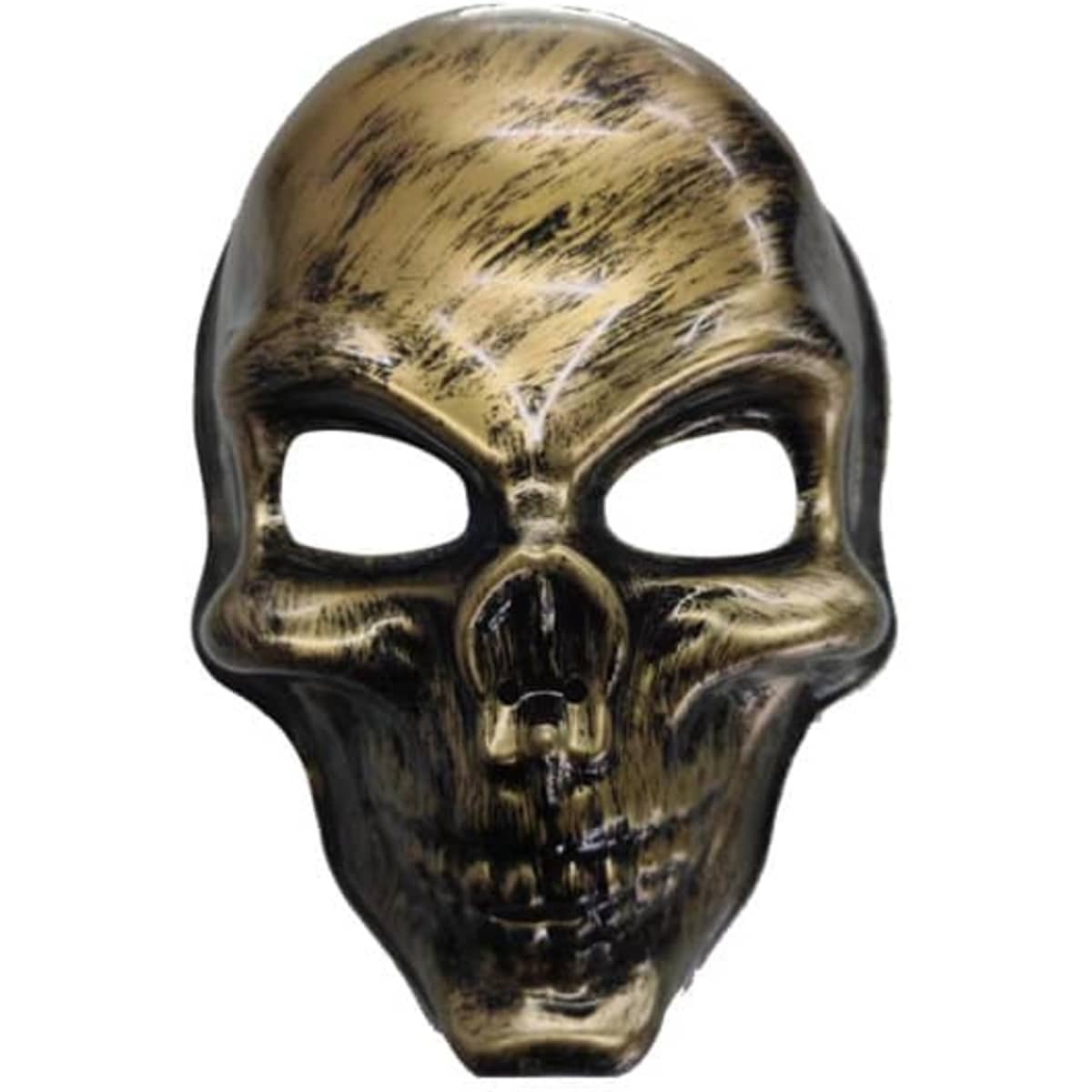 A Halloween skull full face mask in gold and black with hollow eye sockets and textured detailing.