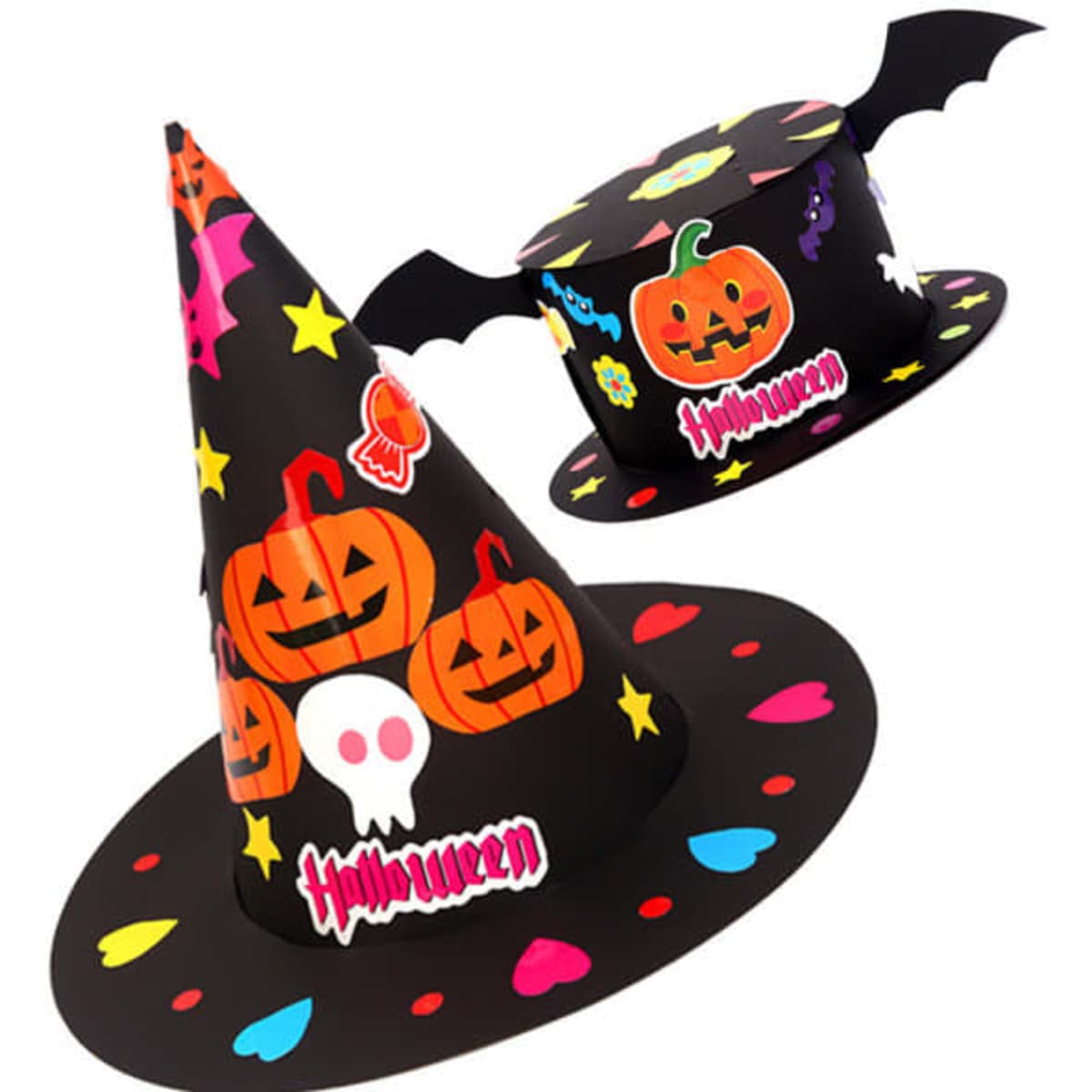 A black paper witch hat adorned with colourful Halloween-themed stickers, including pumpkins, skulls, and stars.