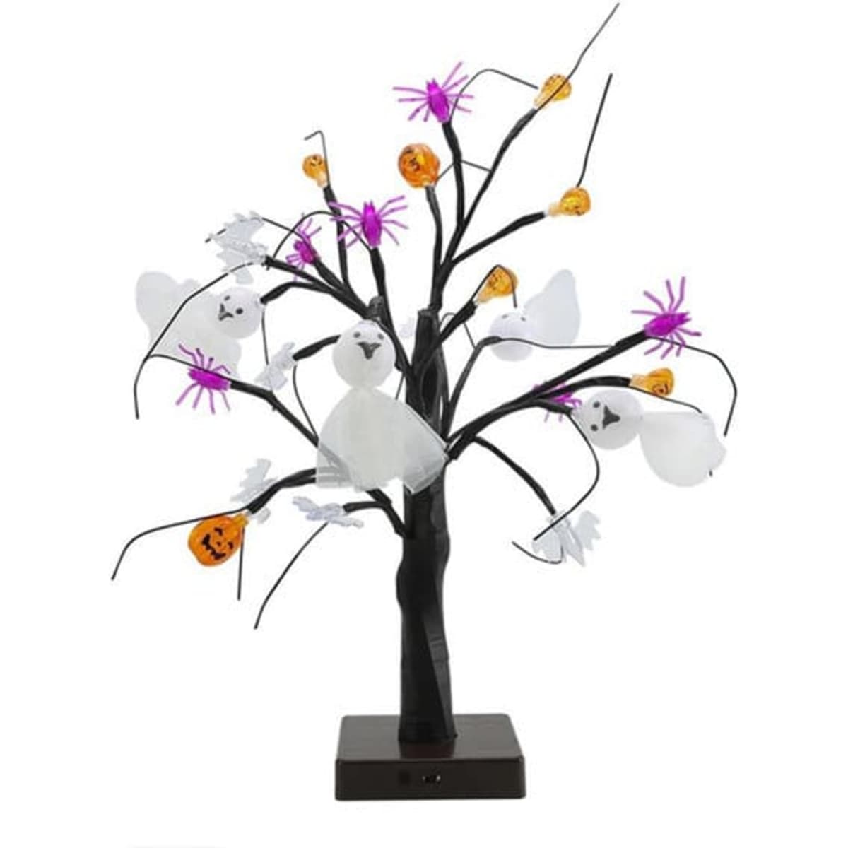 A lighted Halloween birch tree with black branches, orange pumpkins, white ghosts, and purple spiders.