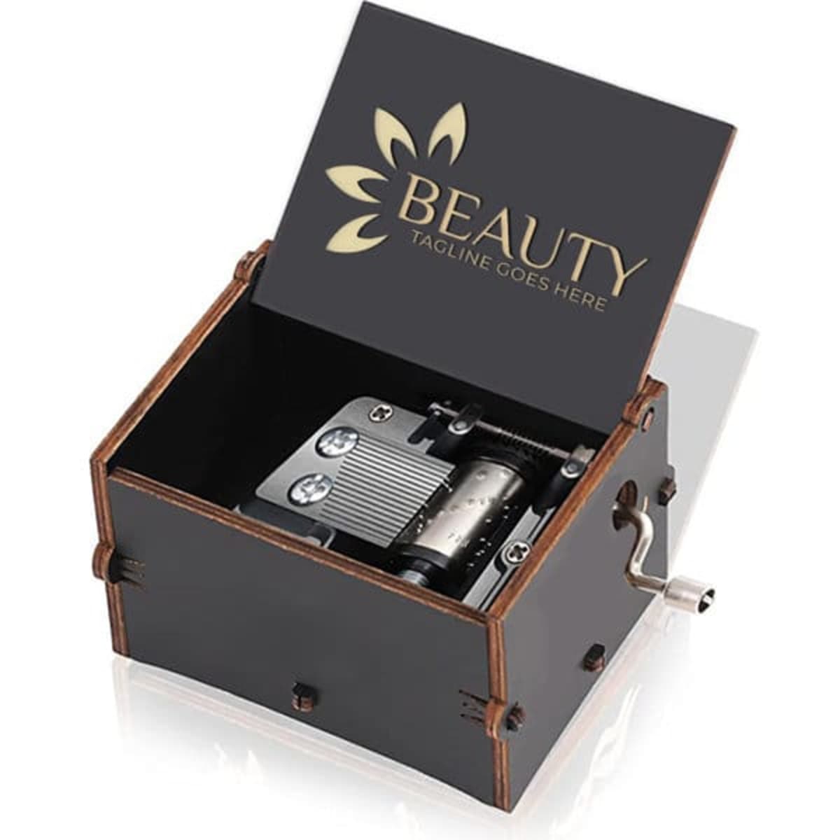 A wooden music box with a hand crank, featuring a dark exterior and decorative lid with a logo.