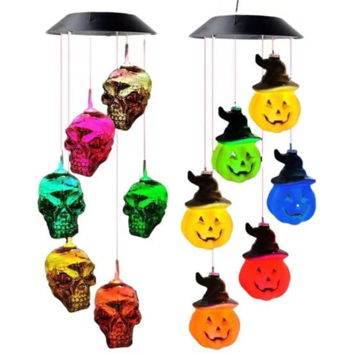 LED solar wind chime light featuring colourful skulls and pumpkin shapes with hat, hanging from a black top.