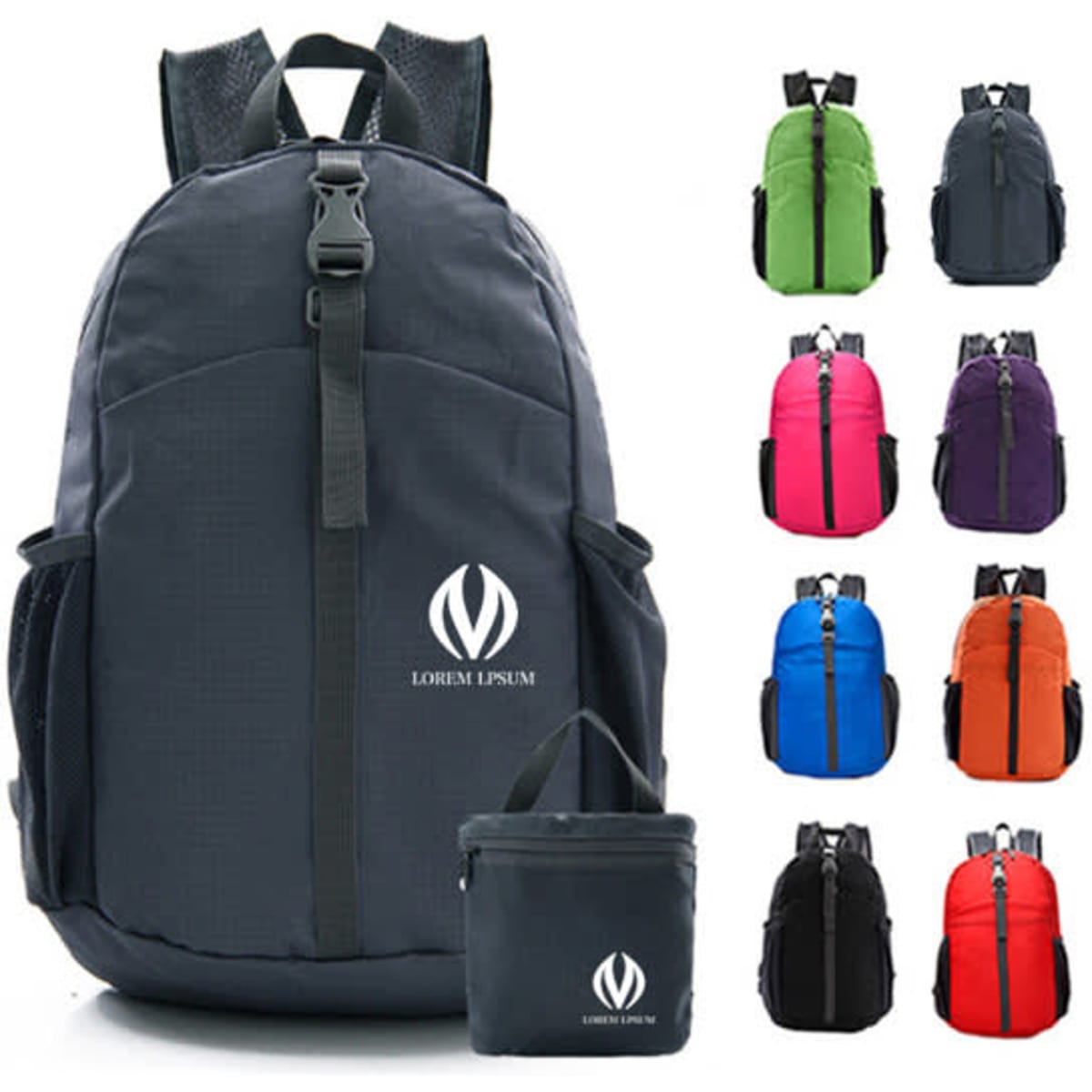 Lightweight packable hiking backpack in various colours, featuring a logo and a compact storage pouch.
