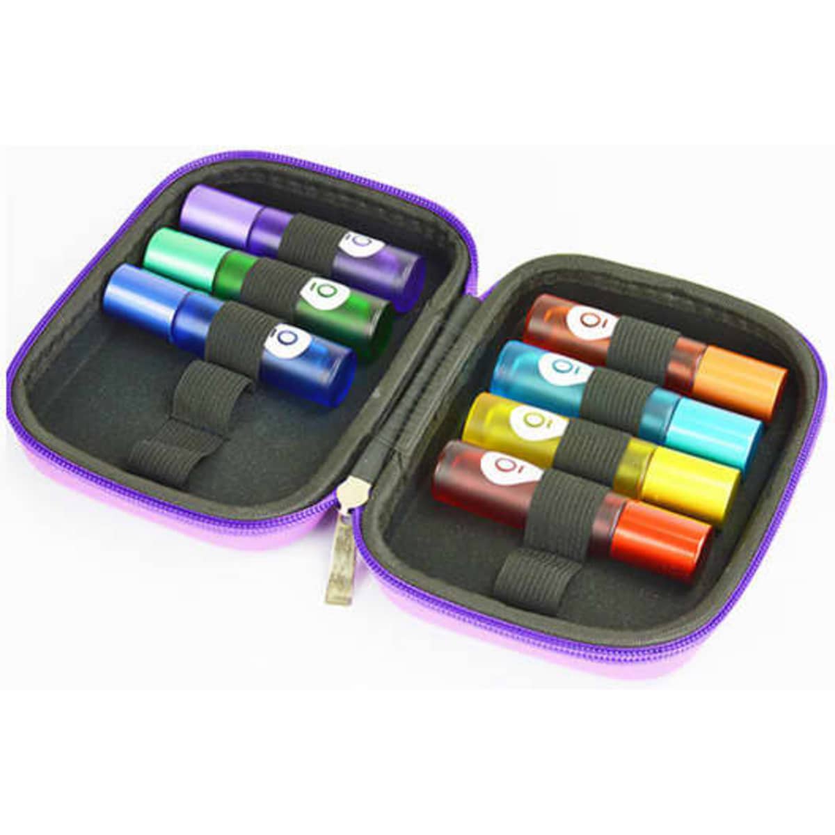 A purple essential oil carrying case holds ten coloured bottles secured with elastic straps inside.