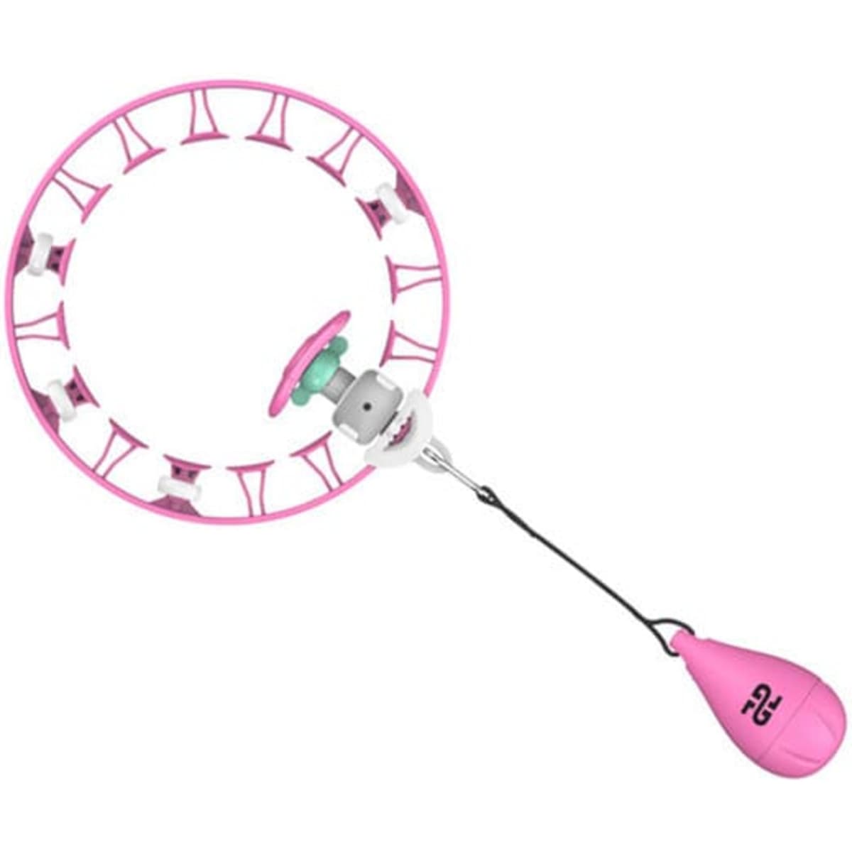 A pink removable hula hoop with a counter and a weighted base, featuring playful design elements.