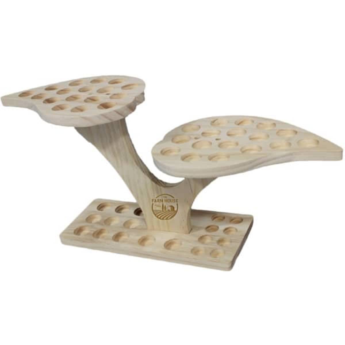A wooden essential oil stand with 55 slots, featuring a natural finish and a sleek design.