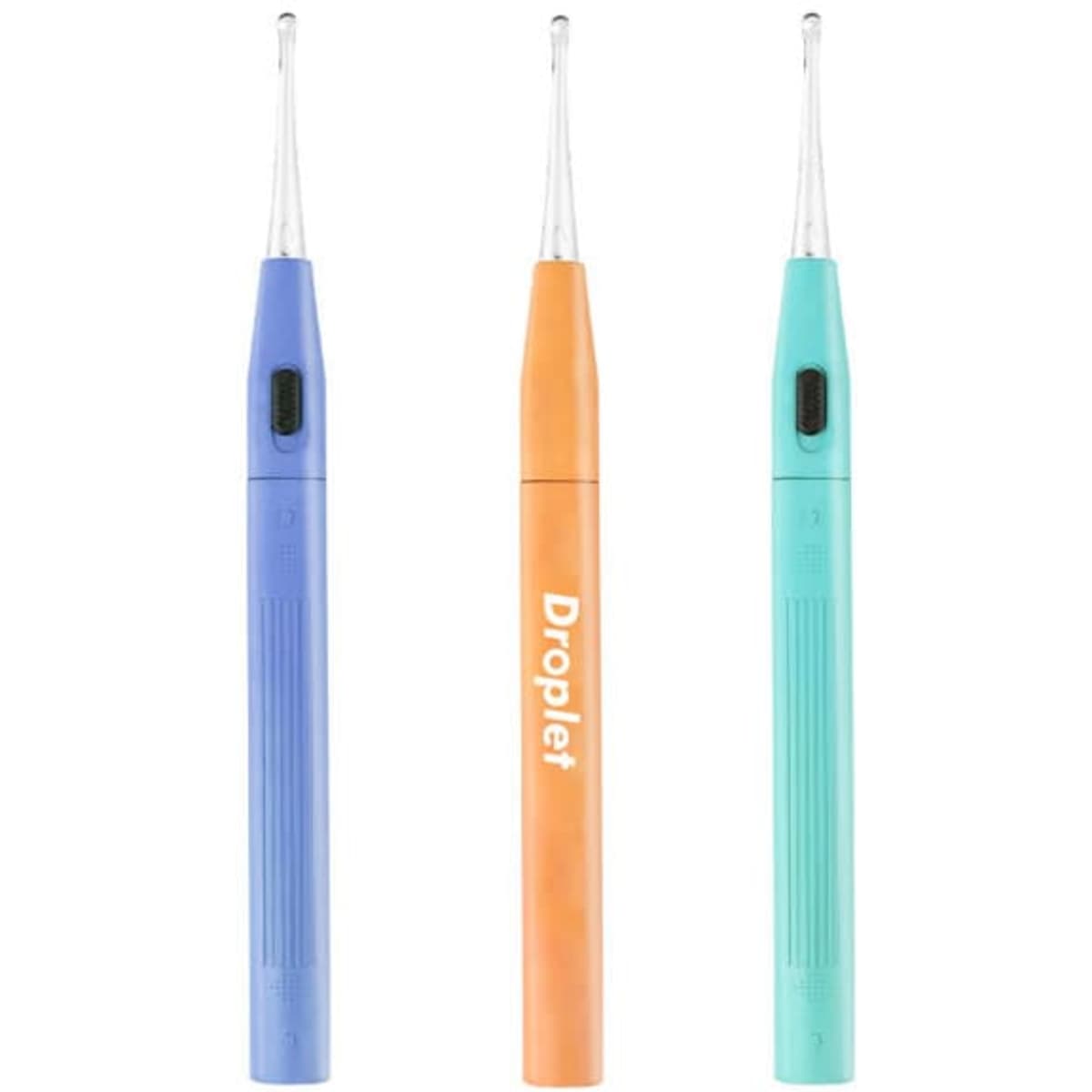 A set of three LED light ear wax cleaners in blue, orange, and teal, each with a slim design.