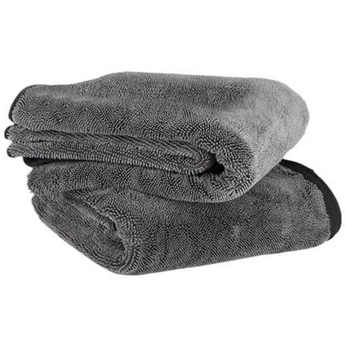 A grey twist car drying towel folded, featuring a textured surface and a black trim. It includes a branding logo.