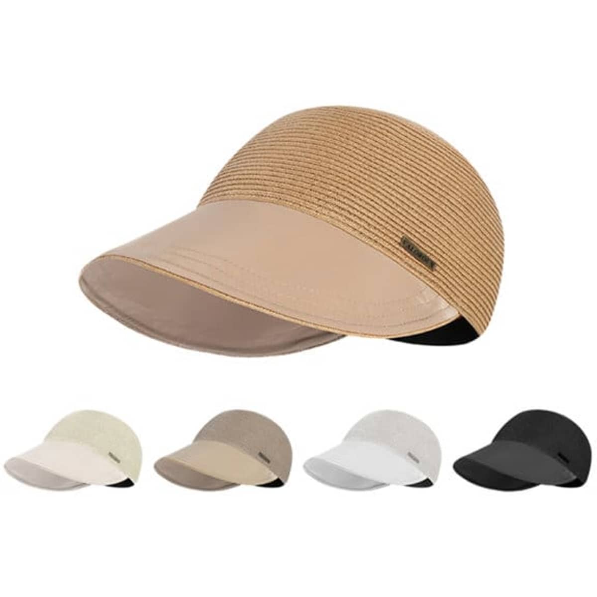 A straw baseball cap in beige with a curved peak, featuring a logo. Available in multiple colours: cream, brown, grey, and black.