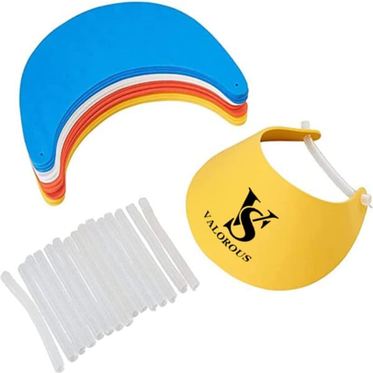 A set of foam sun visors in blue, red, yellow, and assorted coiled straps, featuring a logo on one visor.