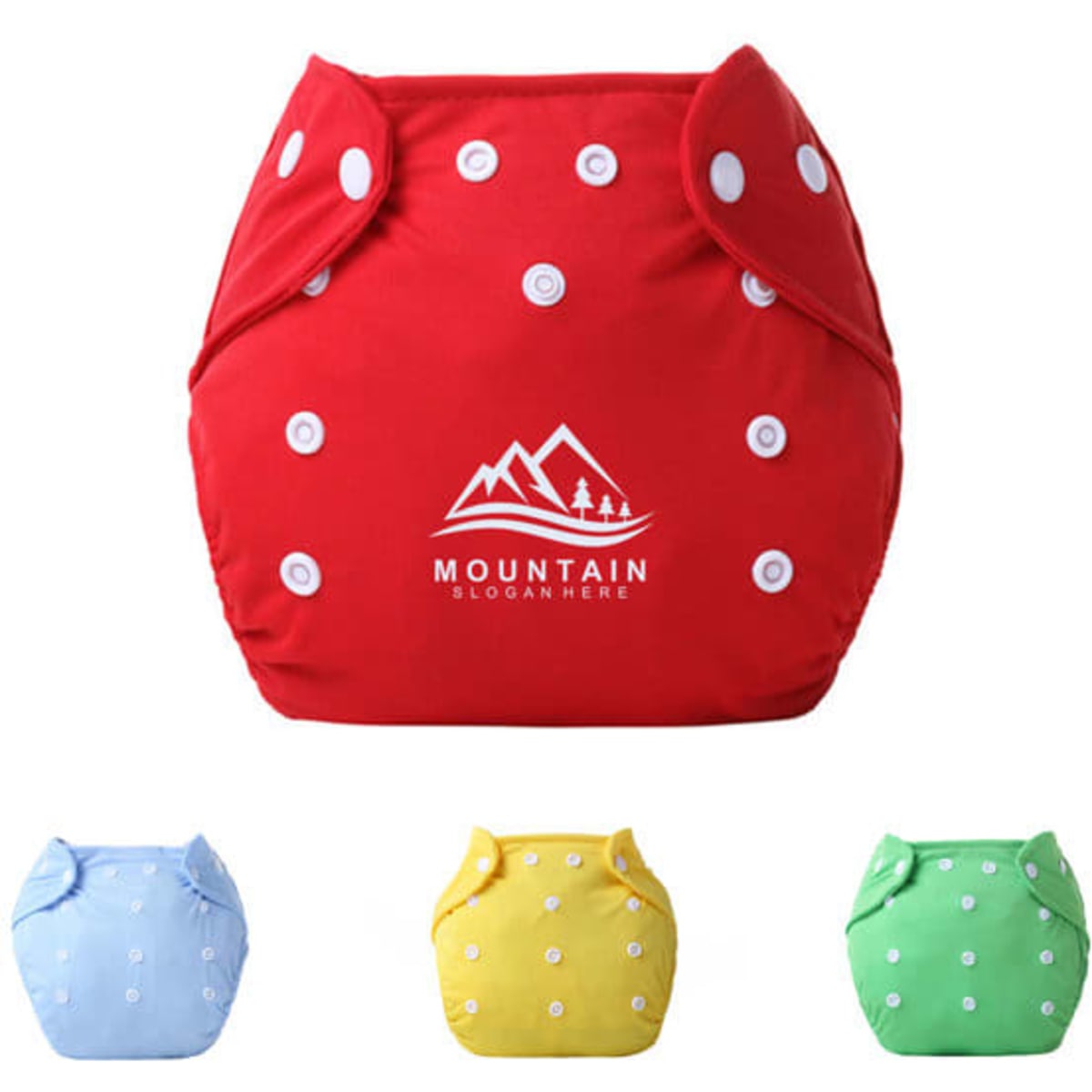 A red adjustable baby cloth diaper with white snaps and a logo, accompanied by blue, yellow, and green versions underneath.