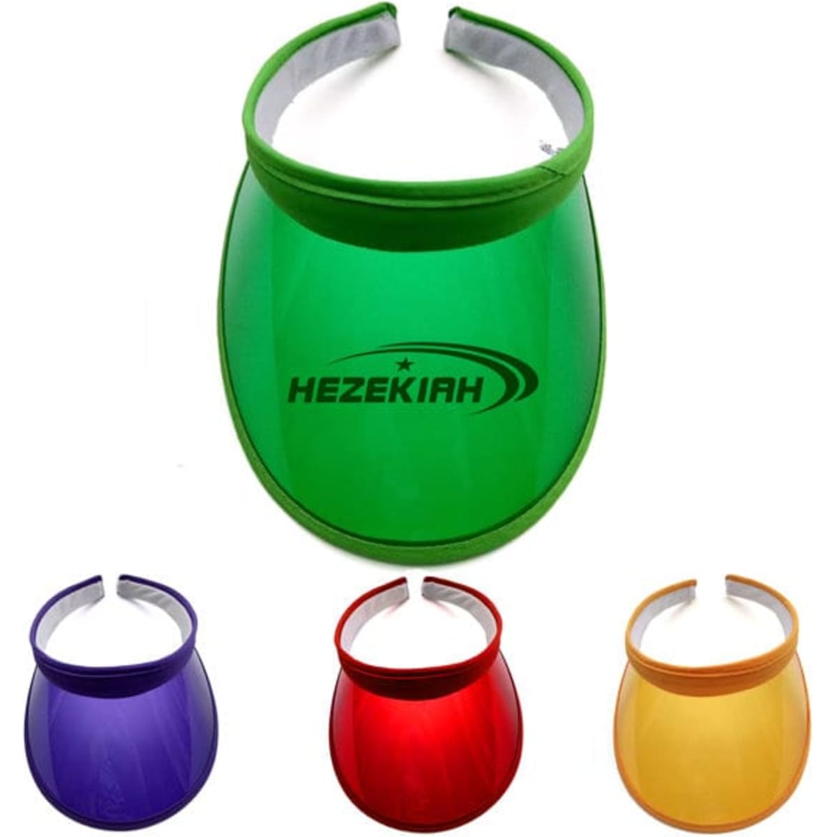 A set of clear plastic sun visor hats in green, purple, and orange, featuring a logo on the front.