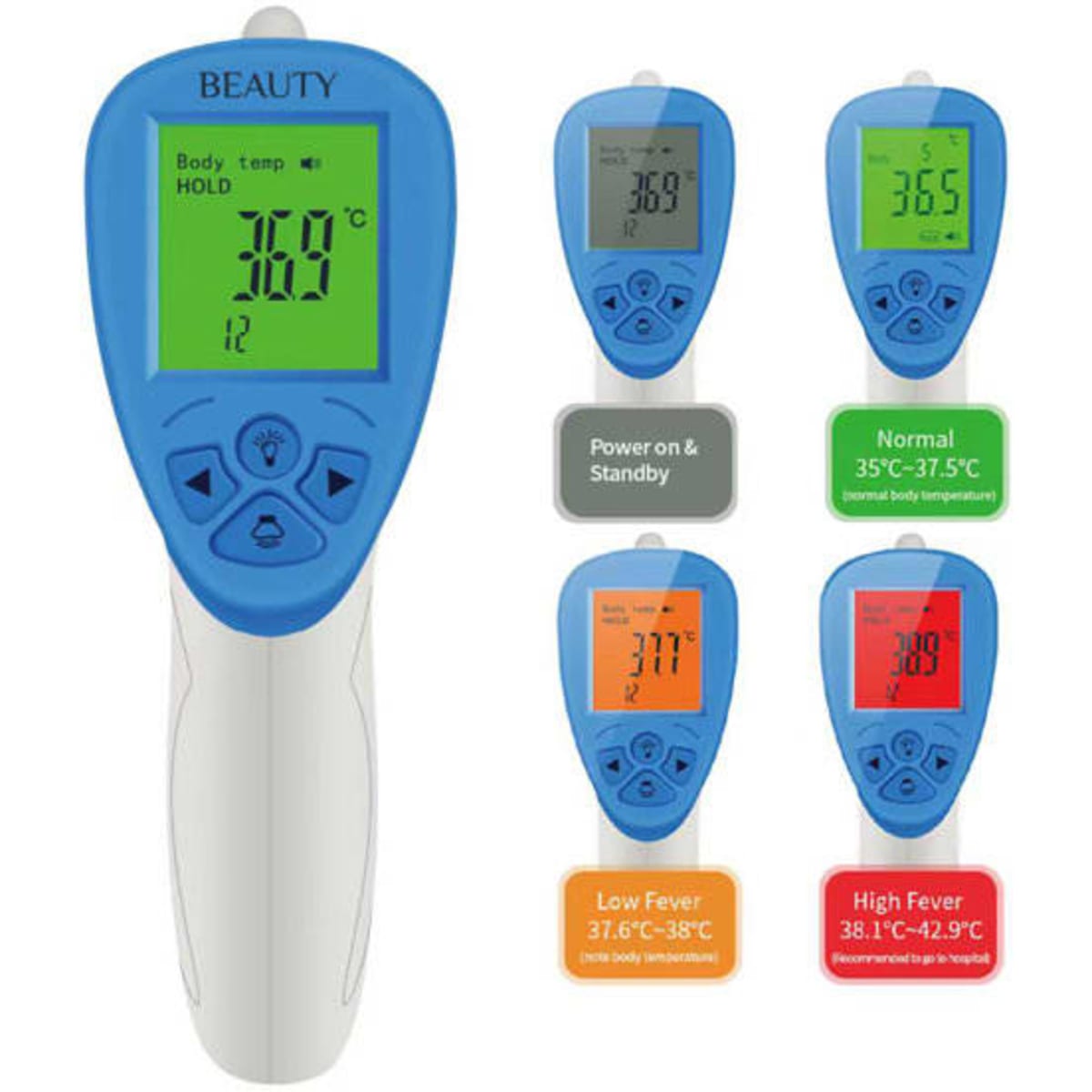 A non-contact infrared thermometer with a white and blue design, featuring digital display and multiple temperature indicators.
