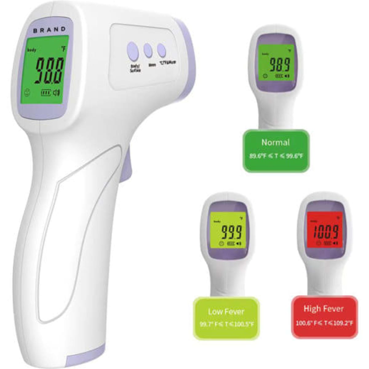A white and purple non-contact forehead thermometer with digital display and colour-coded indicators for temperature readings.