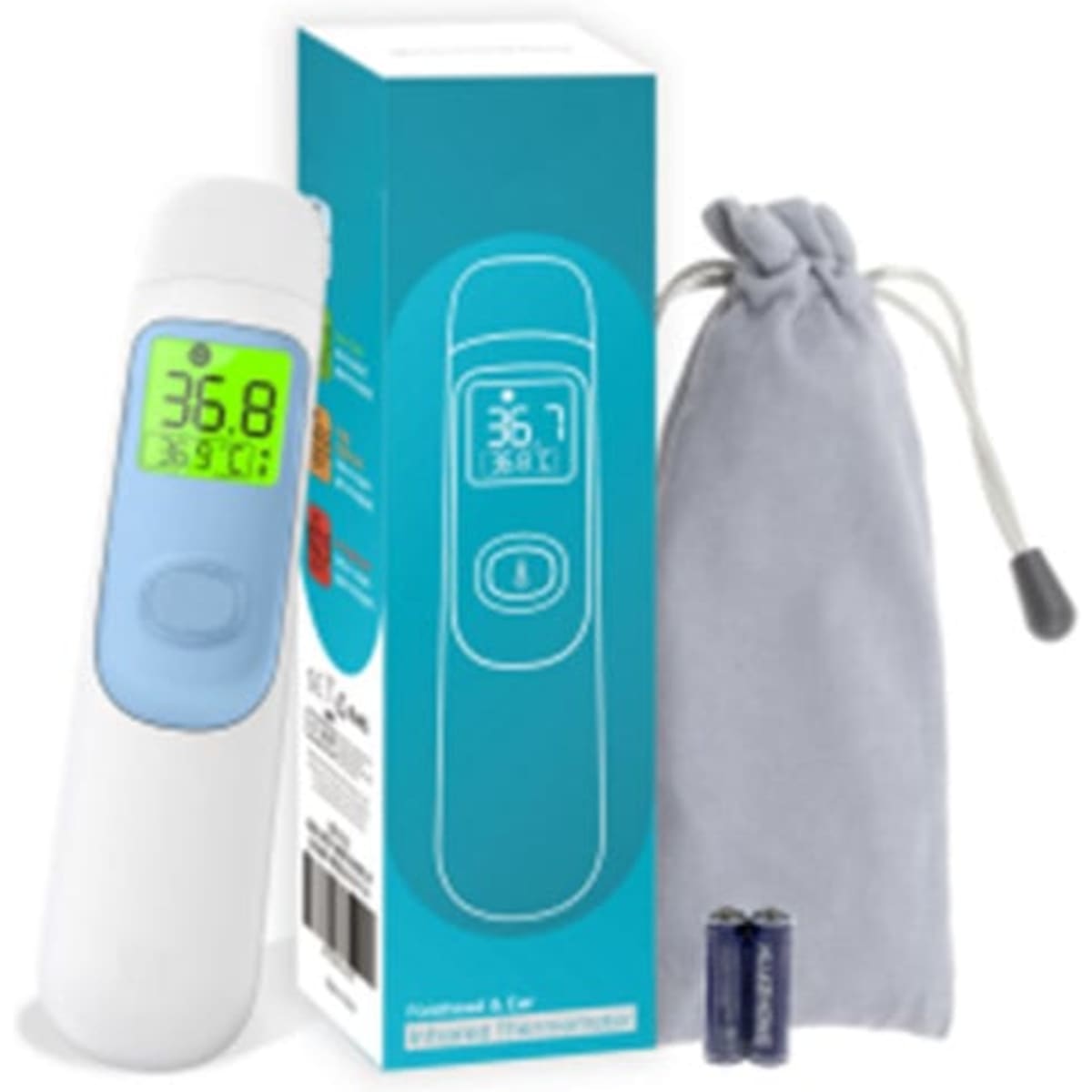 An infrared thermometer in white and blue, packaged with a grey pouch and batteries included.