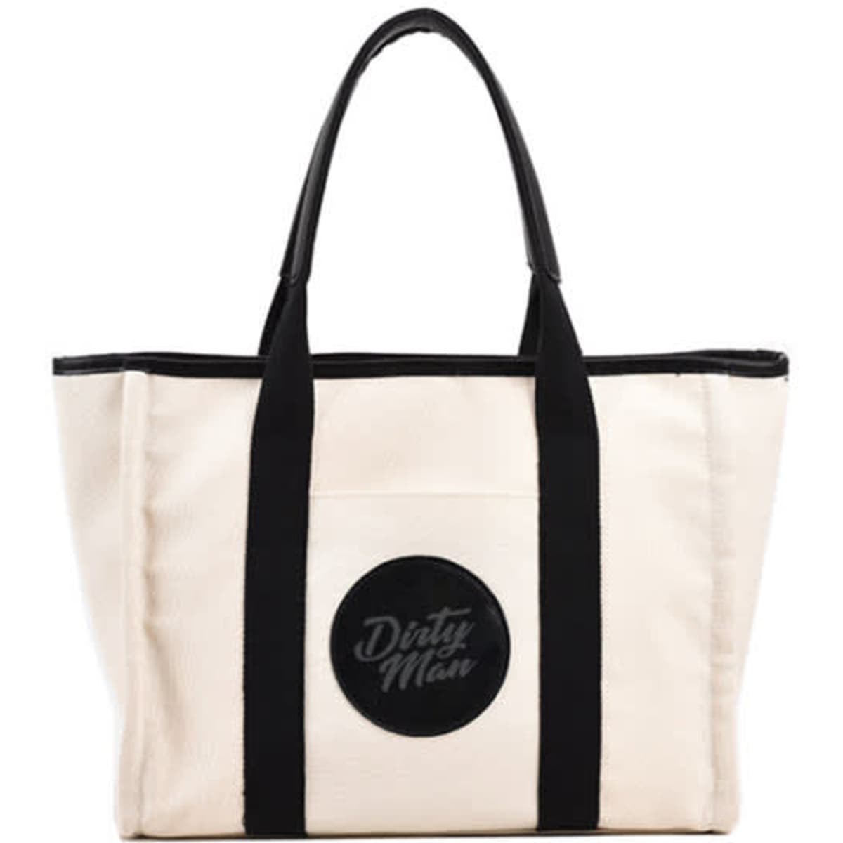 A large capacity canvas tote bag in cream with black handles and a circular logo.