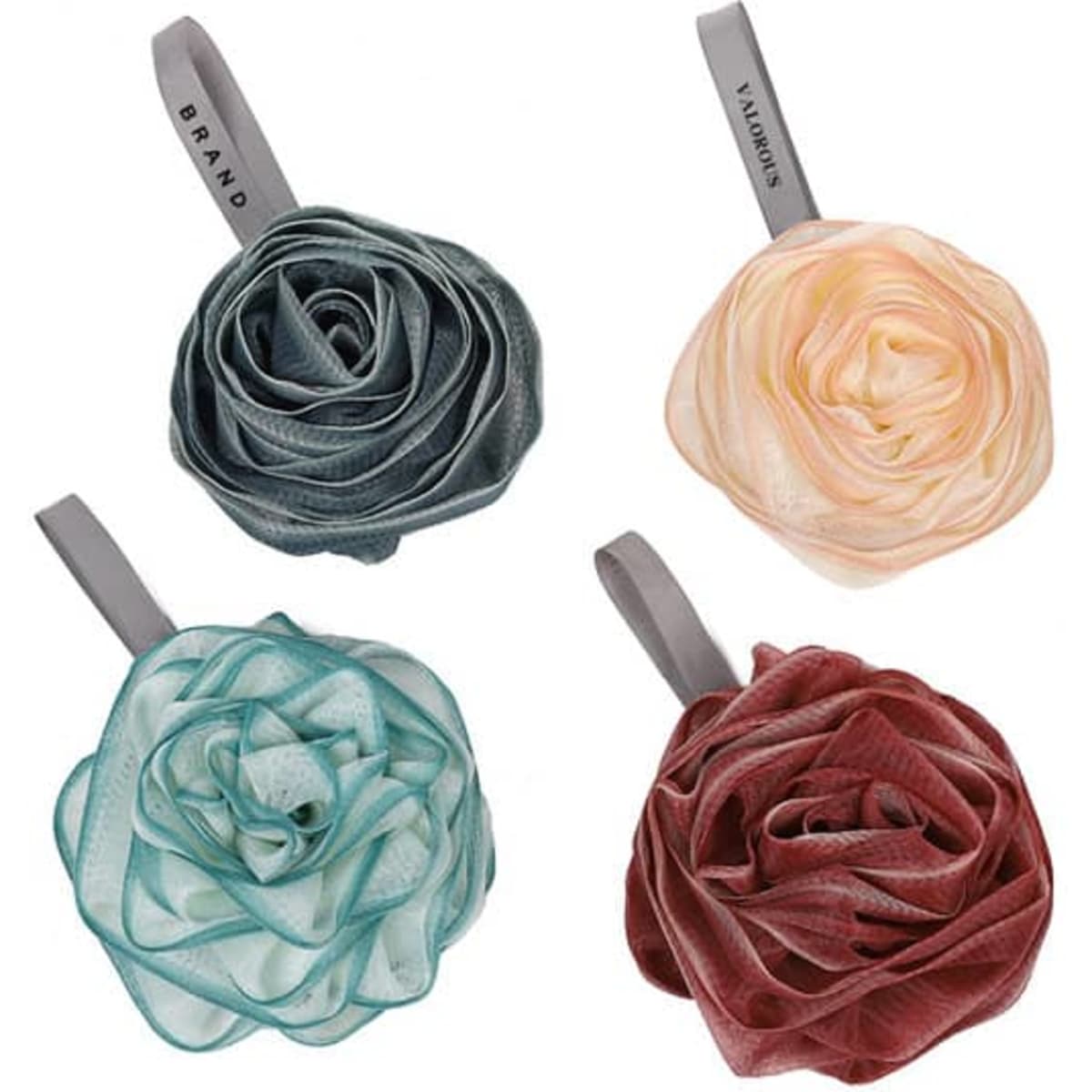 Flower-shaped shower balls in blue, peach, teal, and burgundy, with hanging loops and a distinct logo on some.