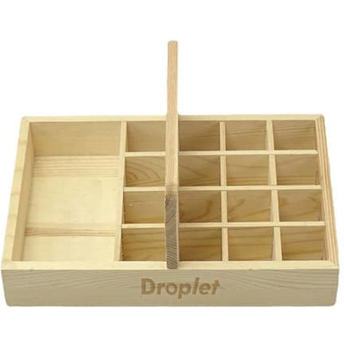 A wooden essential oil display storage unit with multiple compartments, featuring a natural wood finish and a central divider.