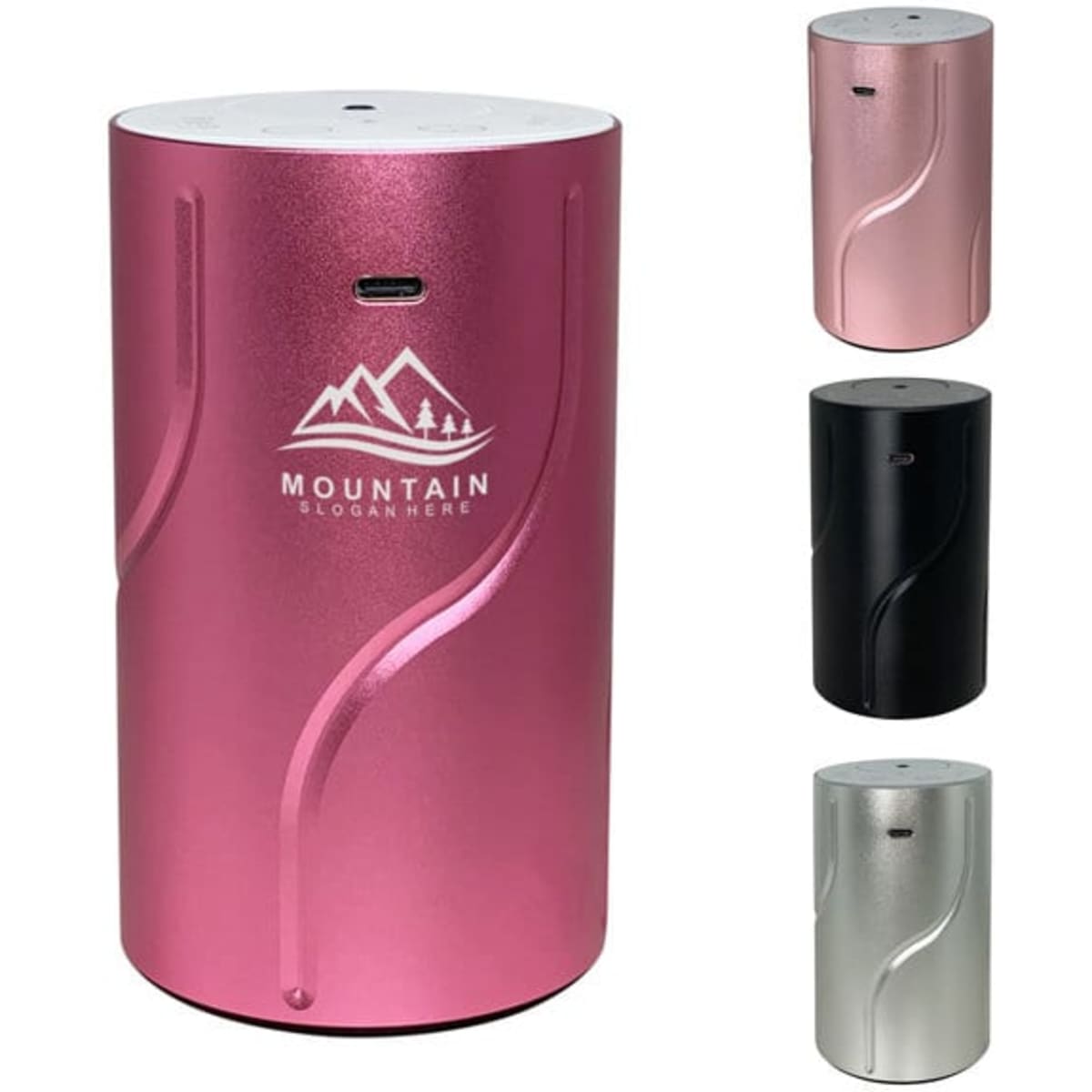 A USB electric aroma air diffuser in pink, silver, black, and white, featuring a logo on the surface.