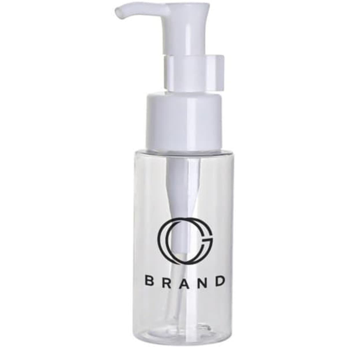 A transparent 3 oz. pump bottle with a white pump lid and a logo on the front. Ideal for hand sanitiser.