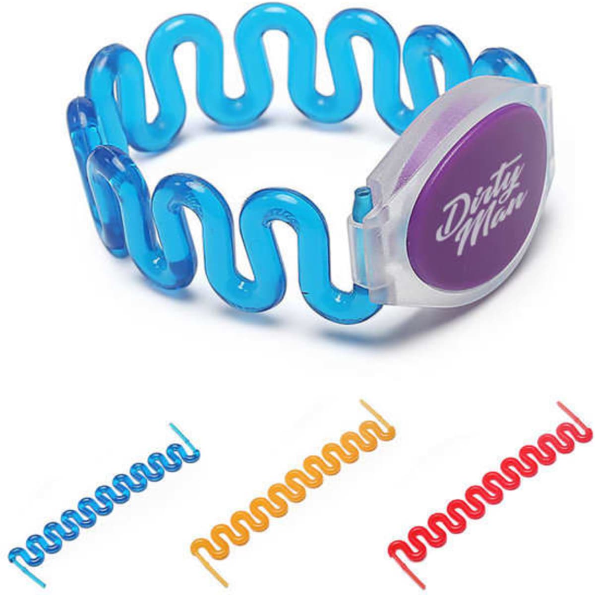 A blue plastic RFID ID bracelet with a wavy design, featuring a logo. Also shown are red, yellow, and blue variations.
