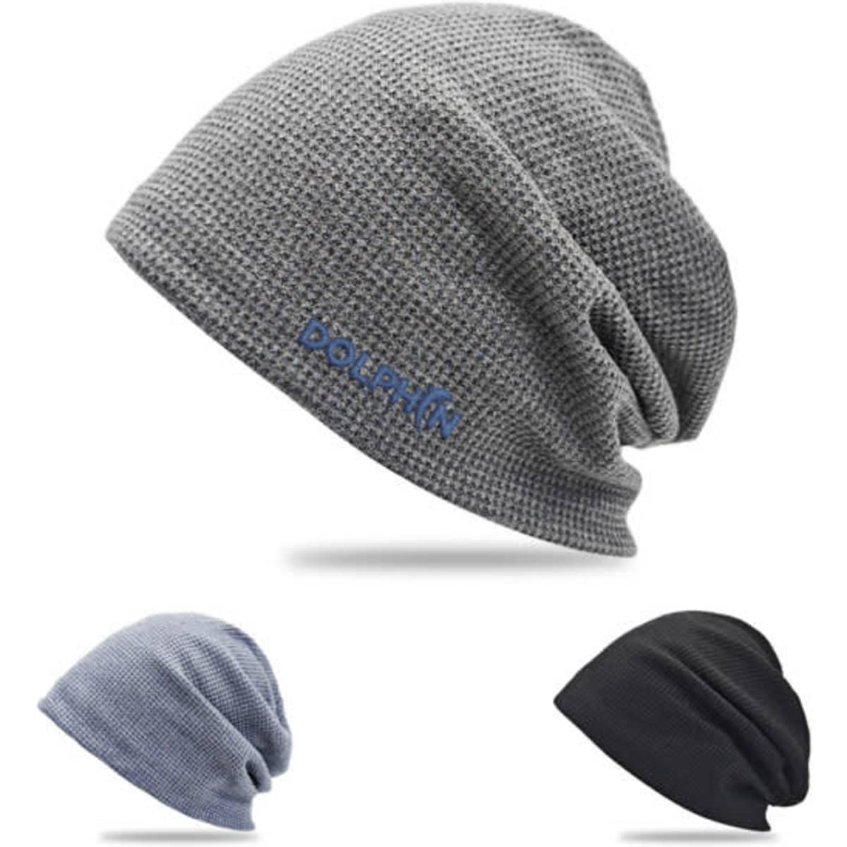 A slouchy beanie in grey with a logo, alongside a light blue and black beanie. All have a textured design.