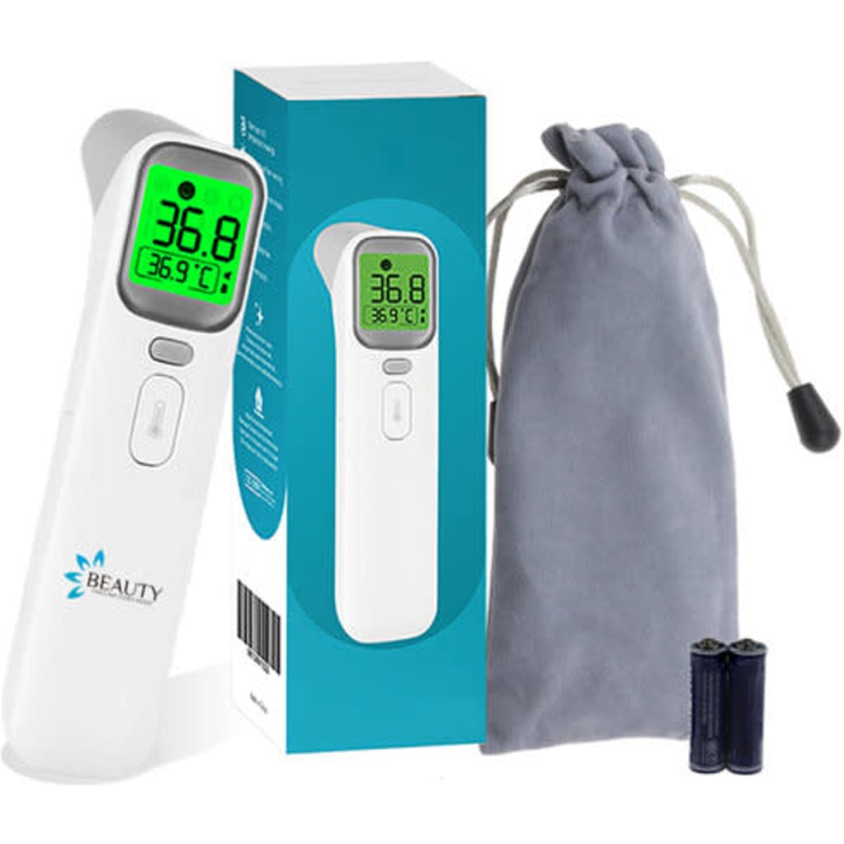 A white 4 in 1 touchless infrared thermometer with a green display, packaging, a grey storage pouch, and batteries.