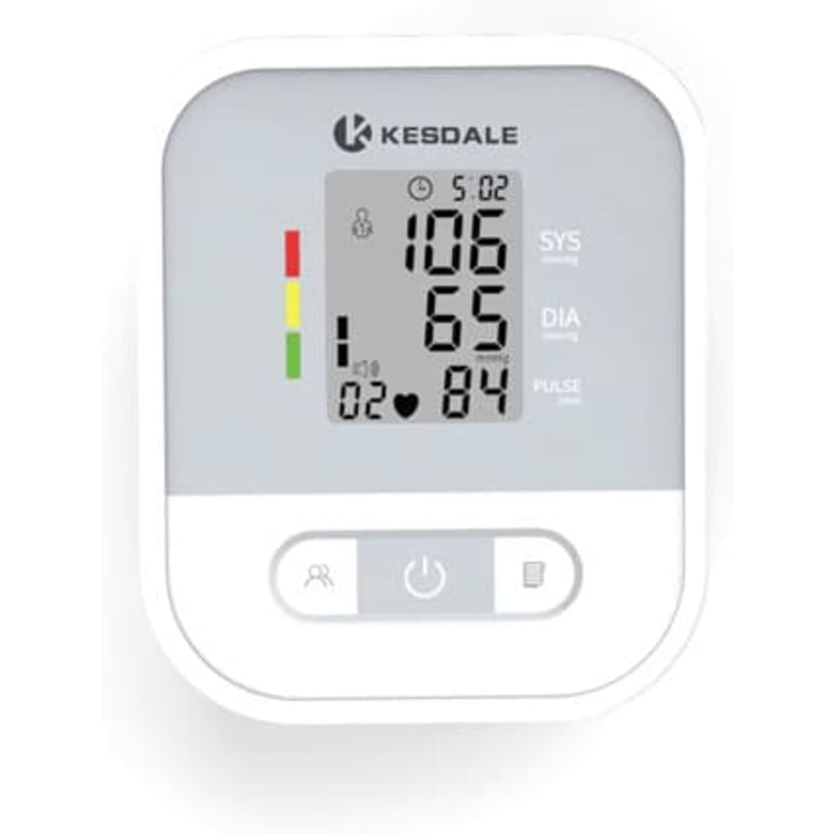 A white blood pressure monitor featuring a digital display with coloured indicators for readings. It includes a logo.