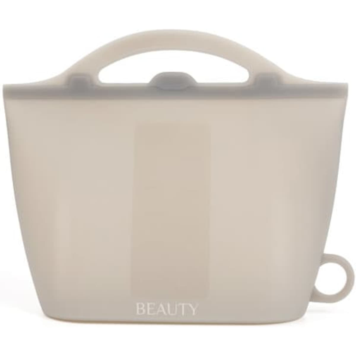 A reusable silicone food storage bag in a light beige colour with a handle and a loop for easy carrying.