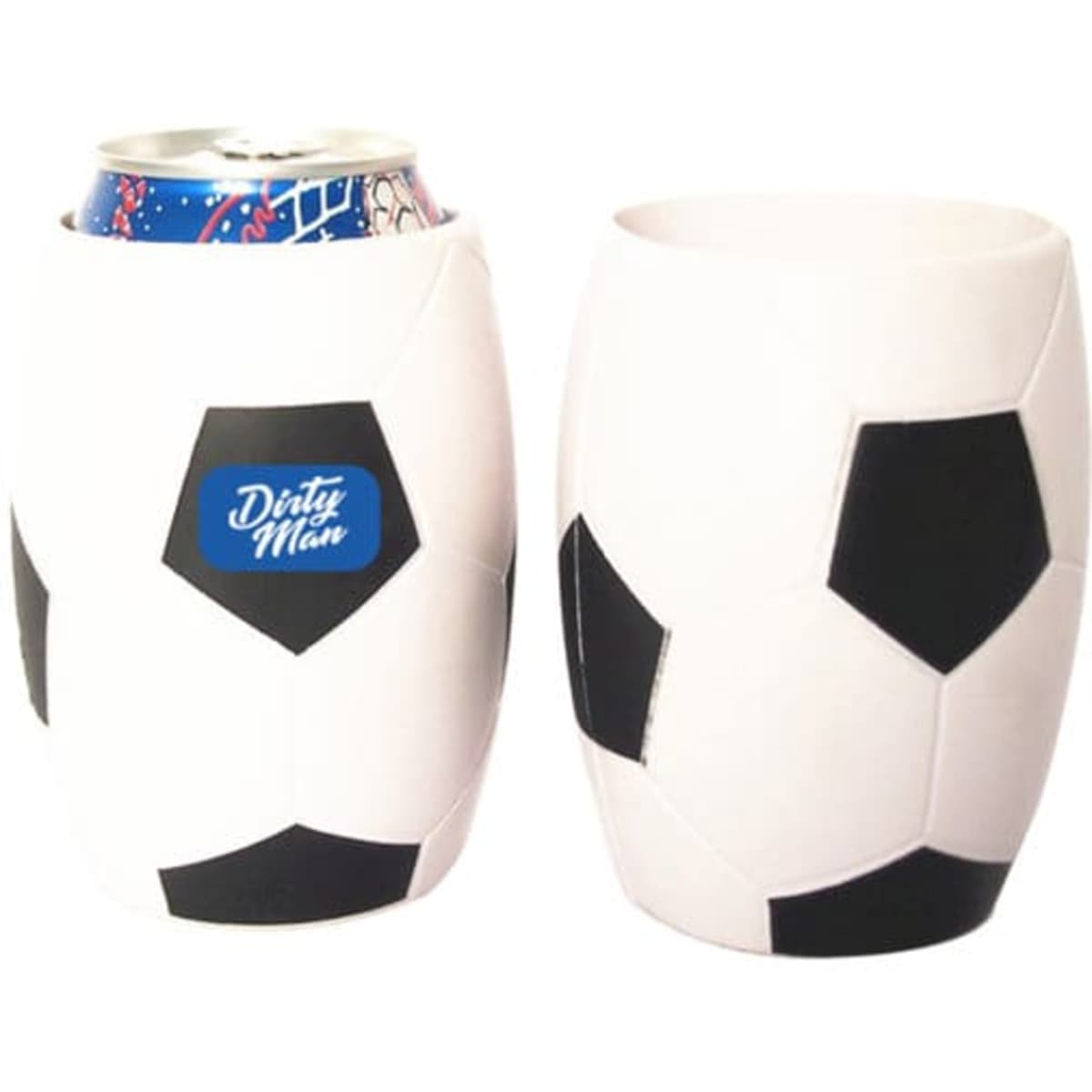 A drink bottle sleeve designed like a soccer ball, featuring a white and black pattern and a logo.