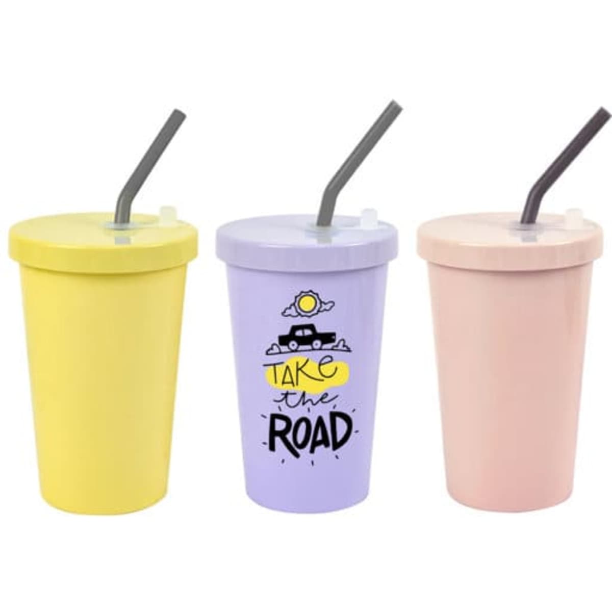 A drink bottle set featuring three reusable coffee cups in yellow, lavender, and pink, each with a silicone straw and logo.