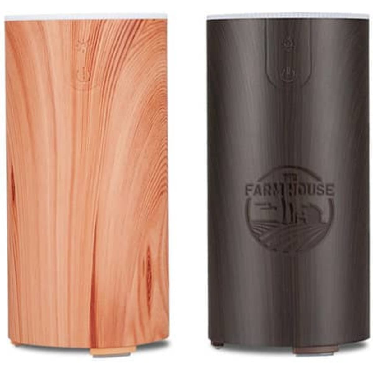 A wood-textured essential oil diffuser in light and dark finishes, featuring a logo on the darker model.