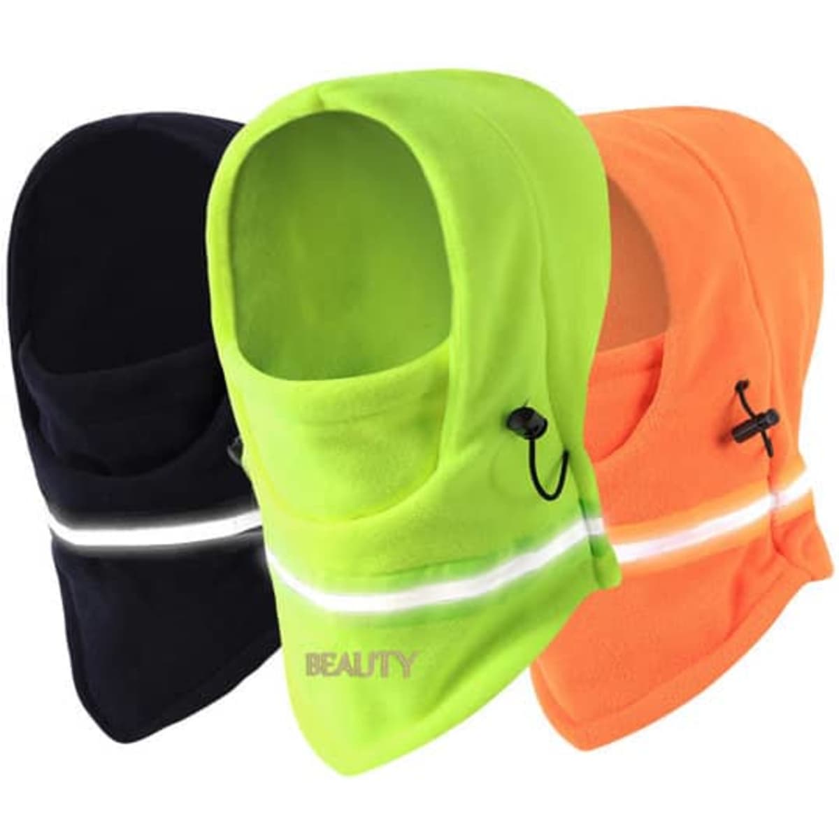 A reflective thermal fleece face ski mask available in black, bright green, and orange with adjustable features.
