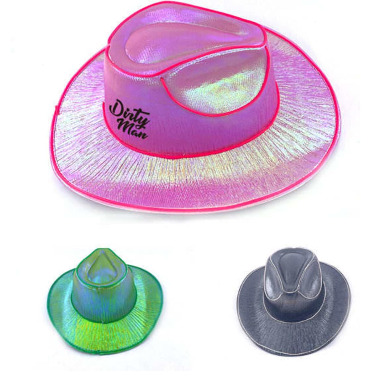 A holographic cowboy party hat in pink with a shiny finish, featuring a logo and unique design.