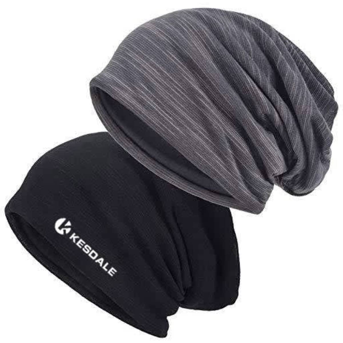 Two slouchy caps in black and grey, featuring a logo on the black cap. They are made from a breathable, stretchy fabric.