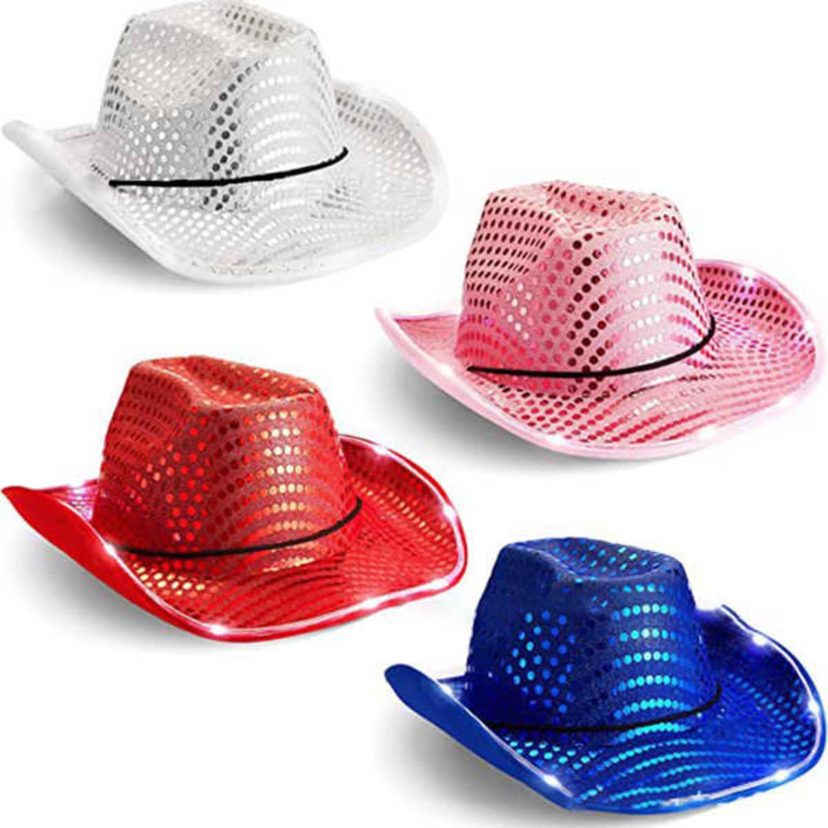 A collection of LED sequin cowboy hats in white, pink, red, and blue, featuring a black band and a logo.