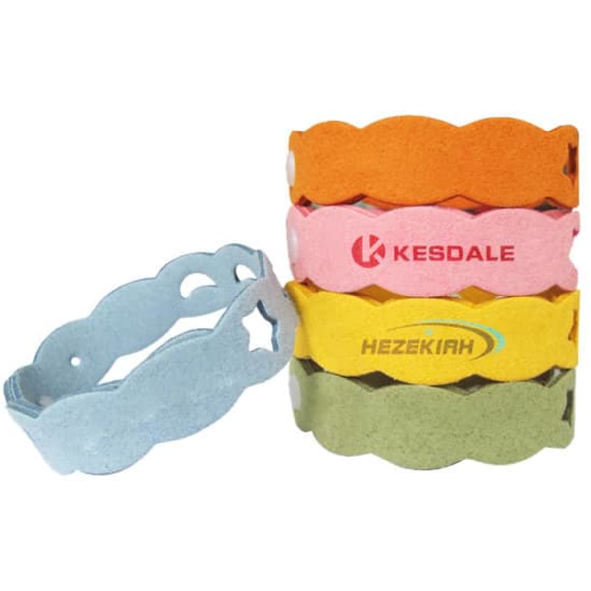 A set of mosquito repellent bracelets in blue, orange, yellow, and green, with various branding logos.