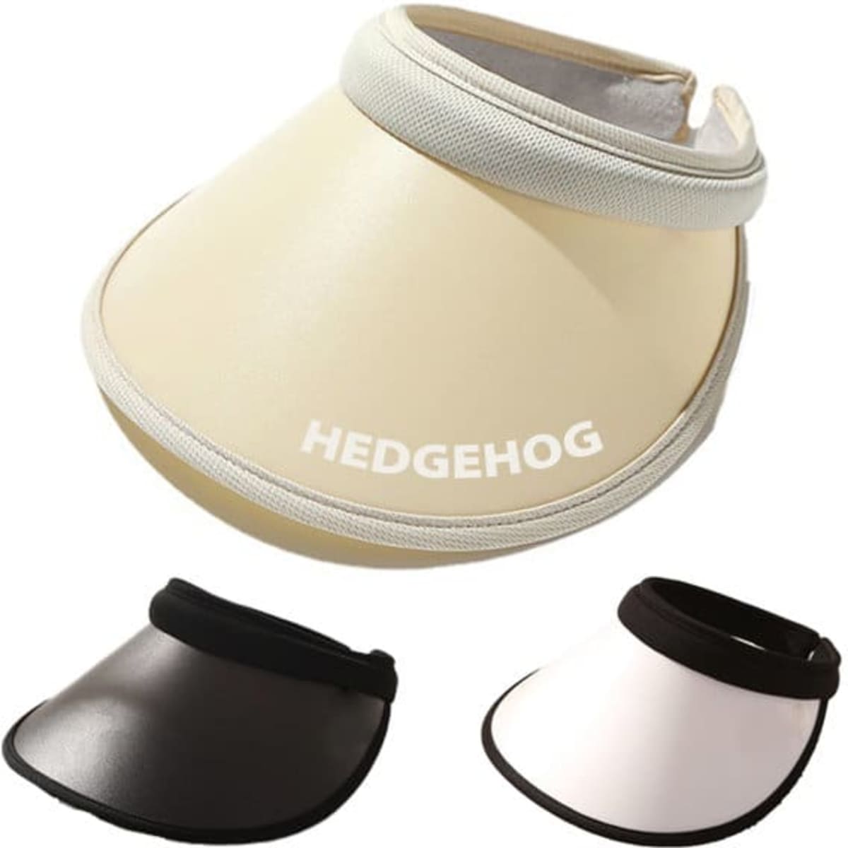 A sun visor hat in beige with a black and a white option, featuring a logo on the front.