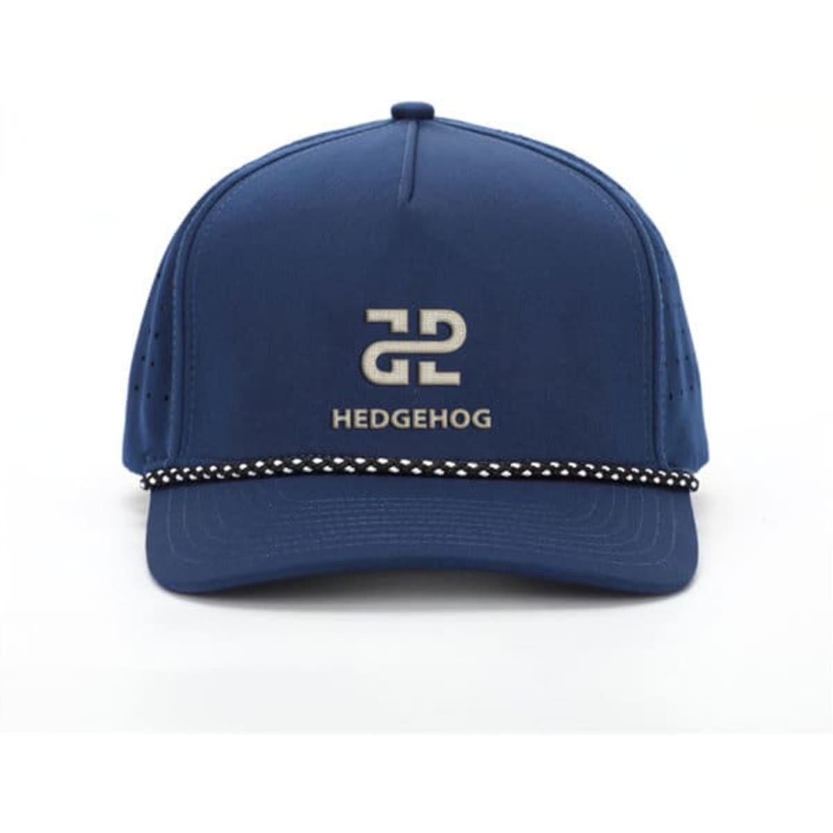 A navy cap with a mesh back, featuring a logo and a decorative rope around the brim.