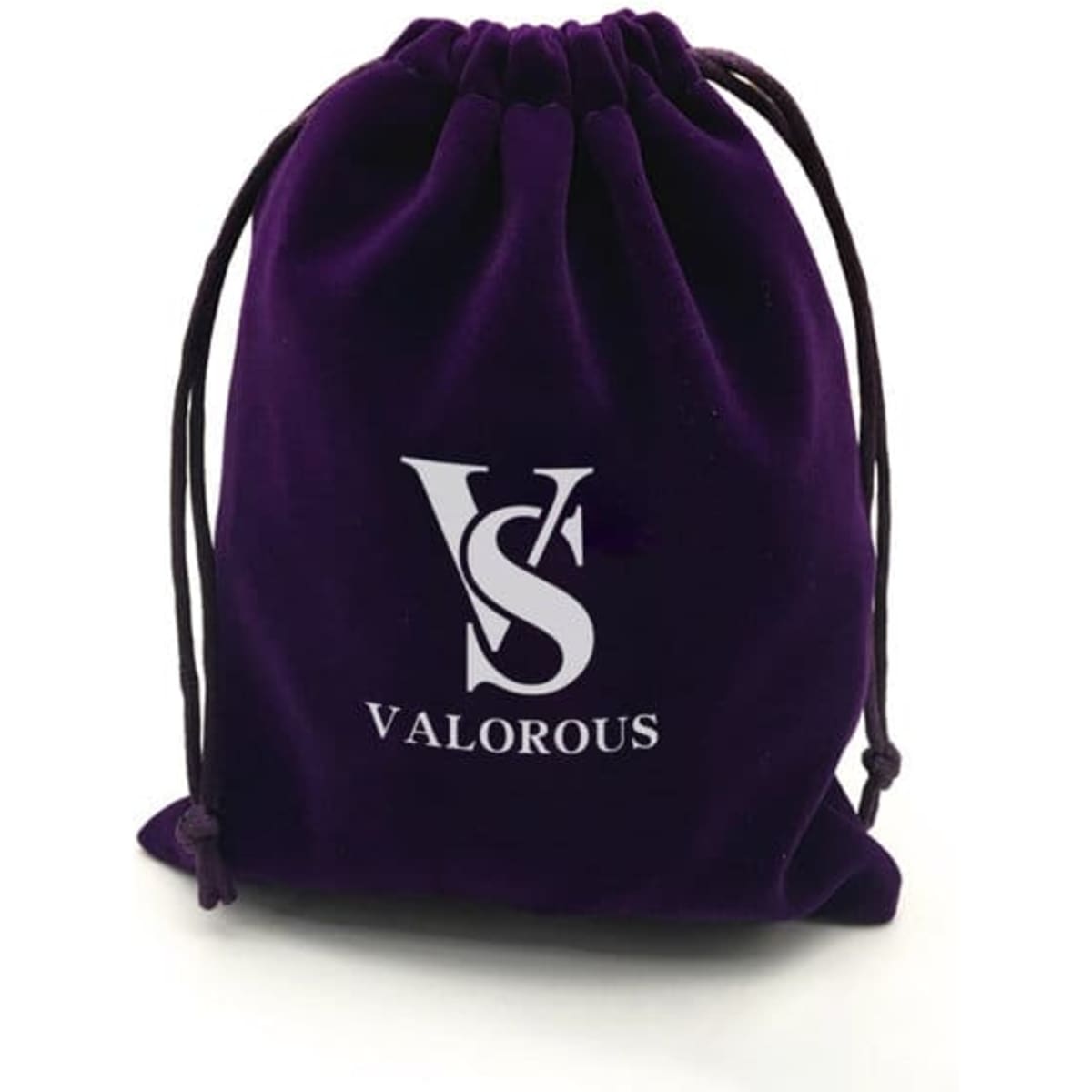 A purple velvet drawstring storage bag with a logo on the front and cinched top.