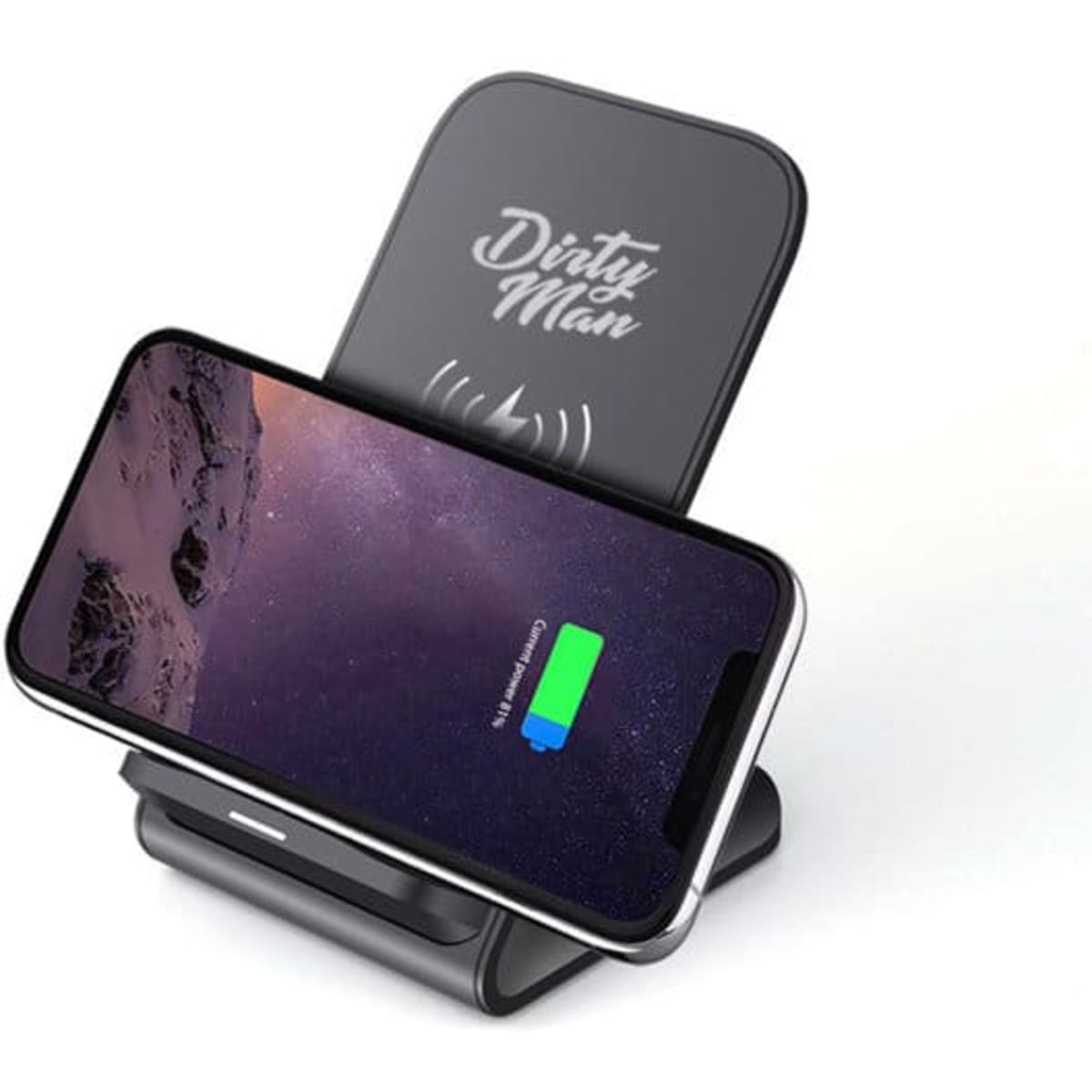 A black wireless charging stand with a logo and a smartphone displaying a charging indicator.
