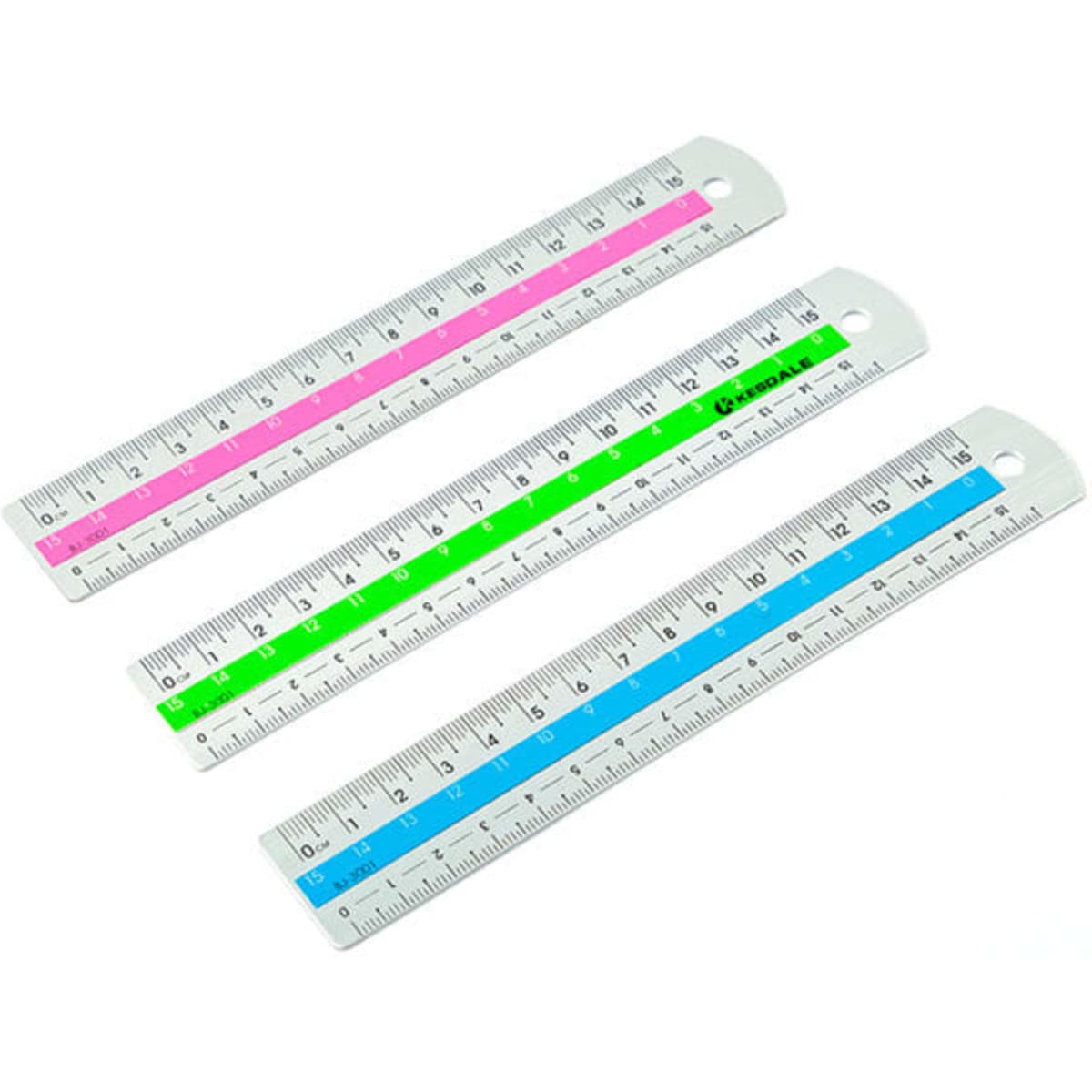 Three 6-inch aluminium alloy rulers in pink, green, and blue, featuring a logo and measurement markings.
