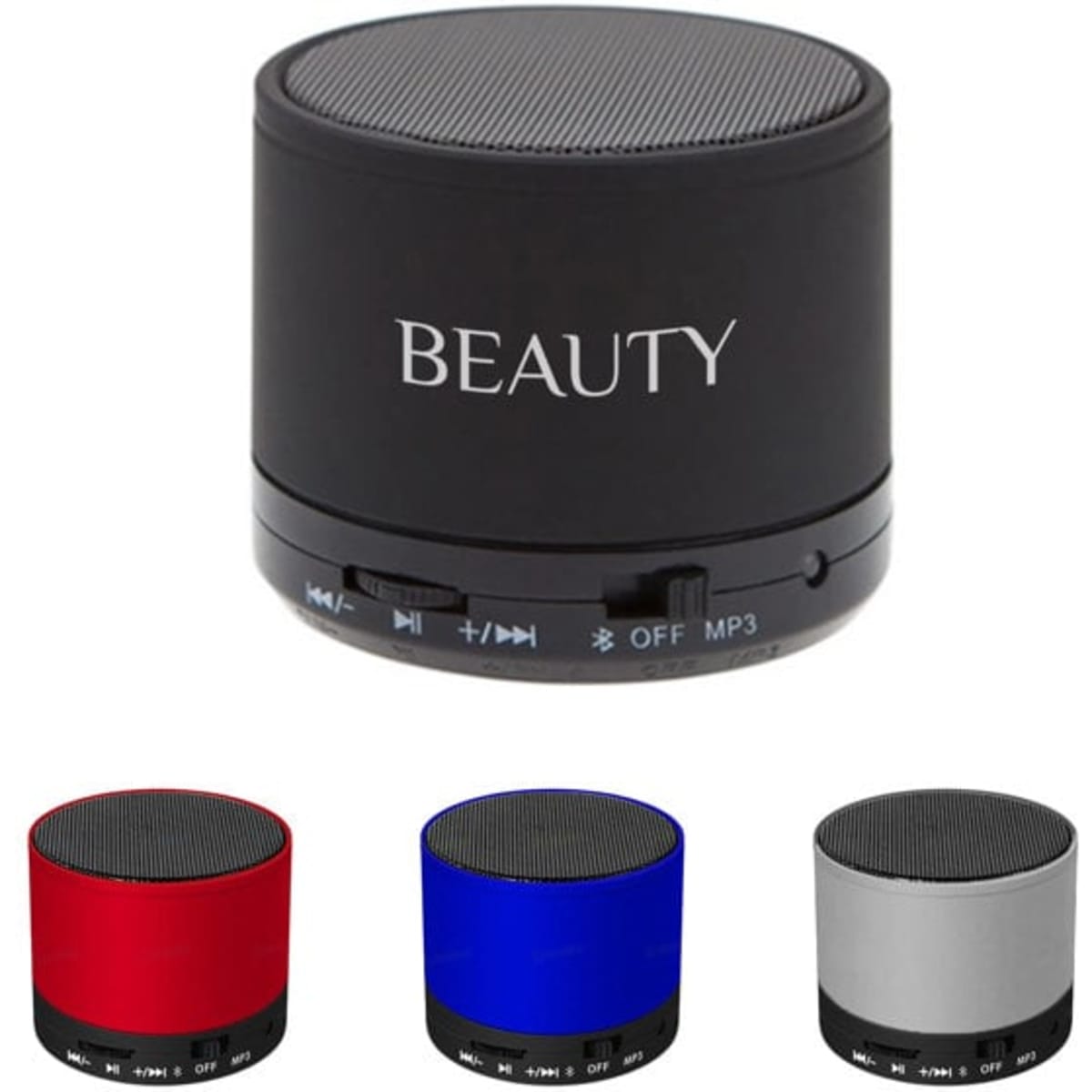 A portable wireless speaker in black with controls on the side, accompanied by red, blue, and silver versions.