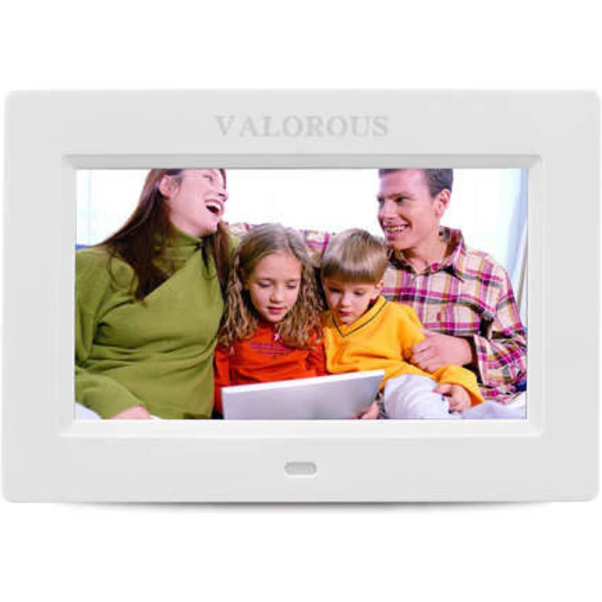 A digital photo frame video player in white displaying a family enjoying time together, featuring a branded logo at the top.