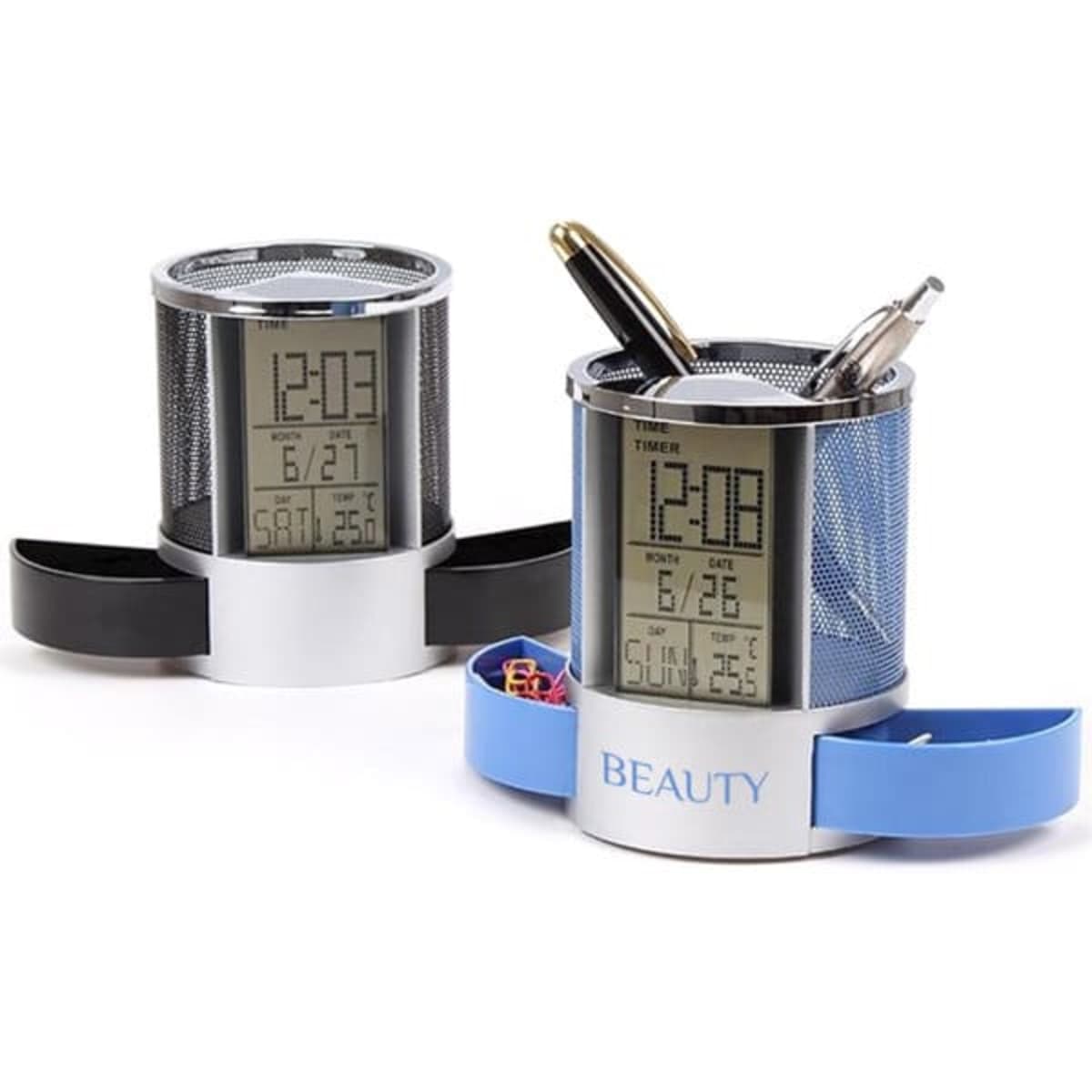 A mesh pen holder in silver with a digital LCD clock, available in black and blue, featuring pens inside.