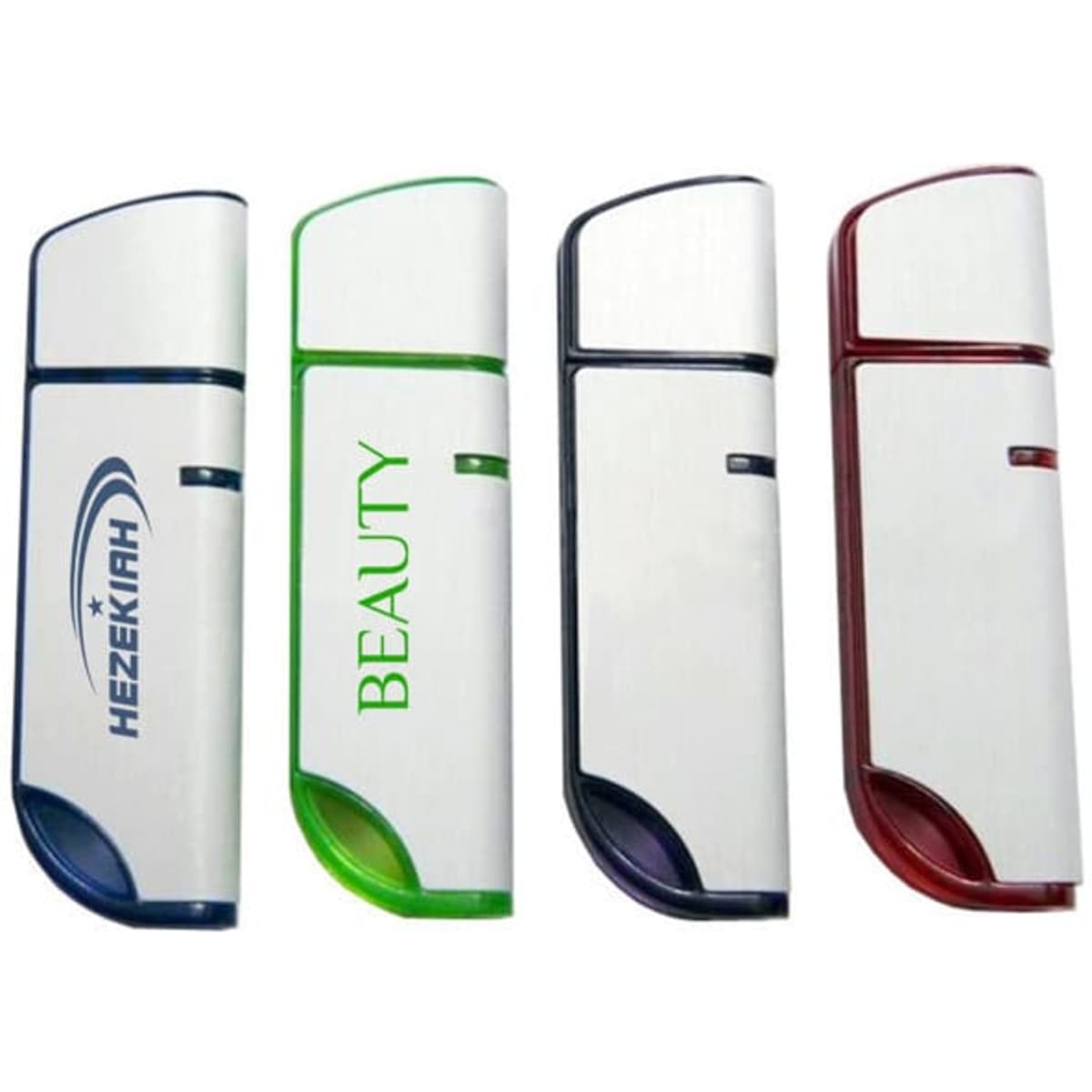 A knife shape USB flash drive available in white, green, and red, featuring logos on some models.