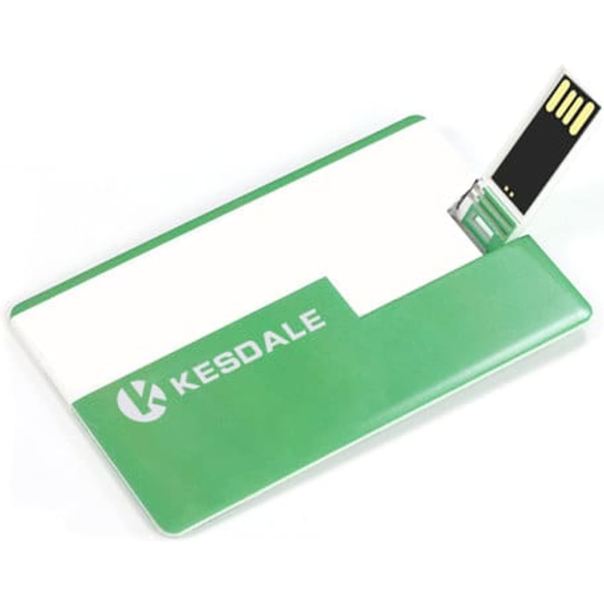 A green and white credit card-sized USB flash drive with a retractable connector and a logo.