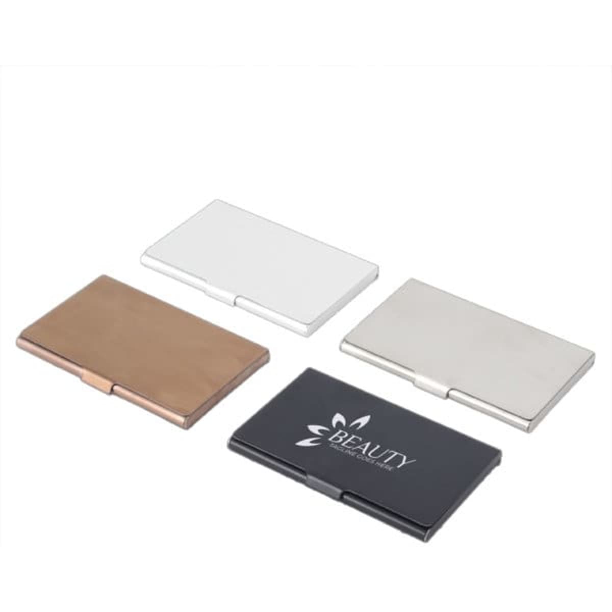 Four stainless steel business card holders in copper, white, silver, and black, featuring a logo on the black holder.