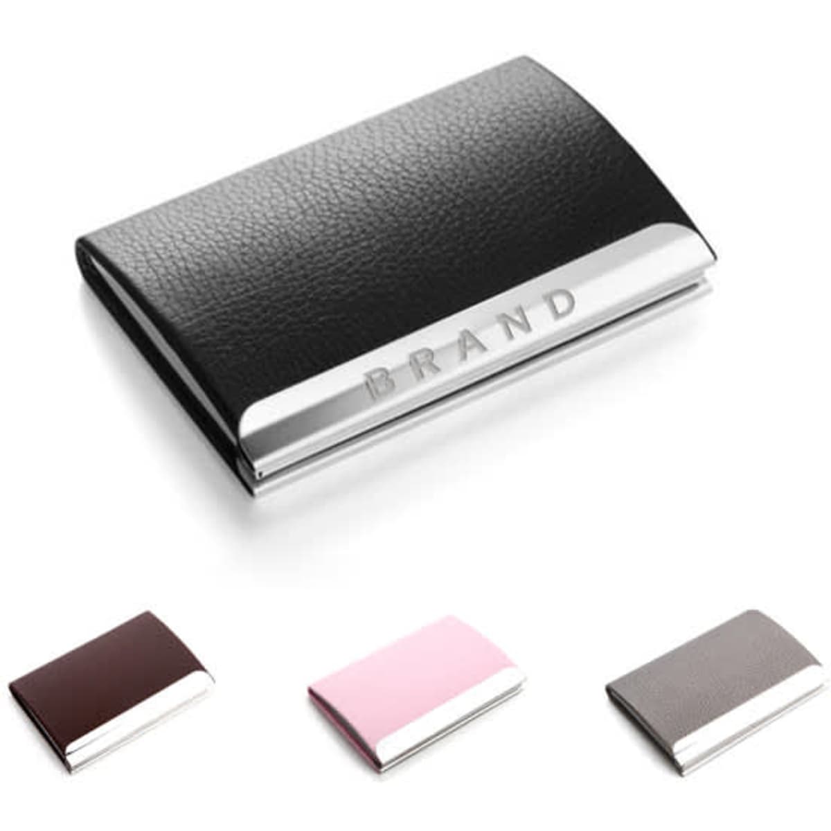 A sleek black stainless steel card holder with a textured finish and a shiny silver clasp. Other colours include brown, pink, and grey.