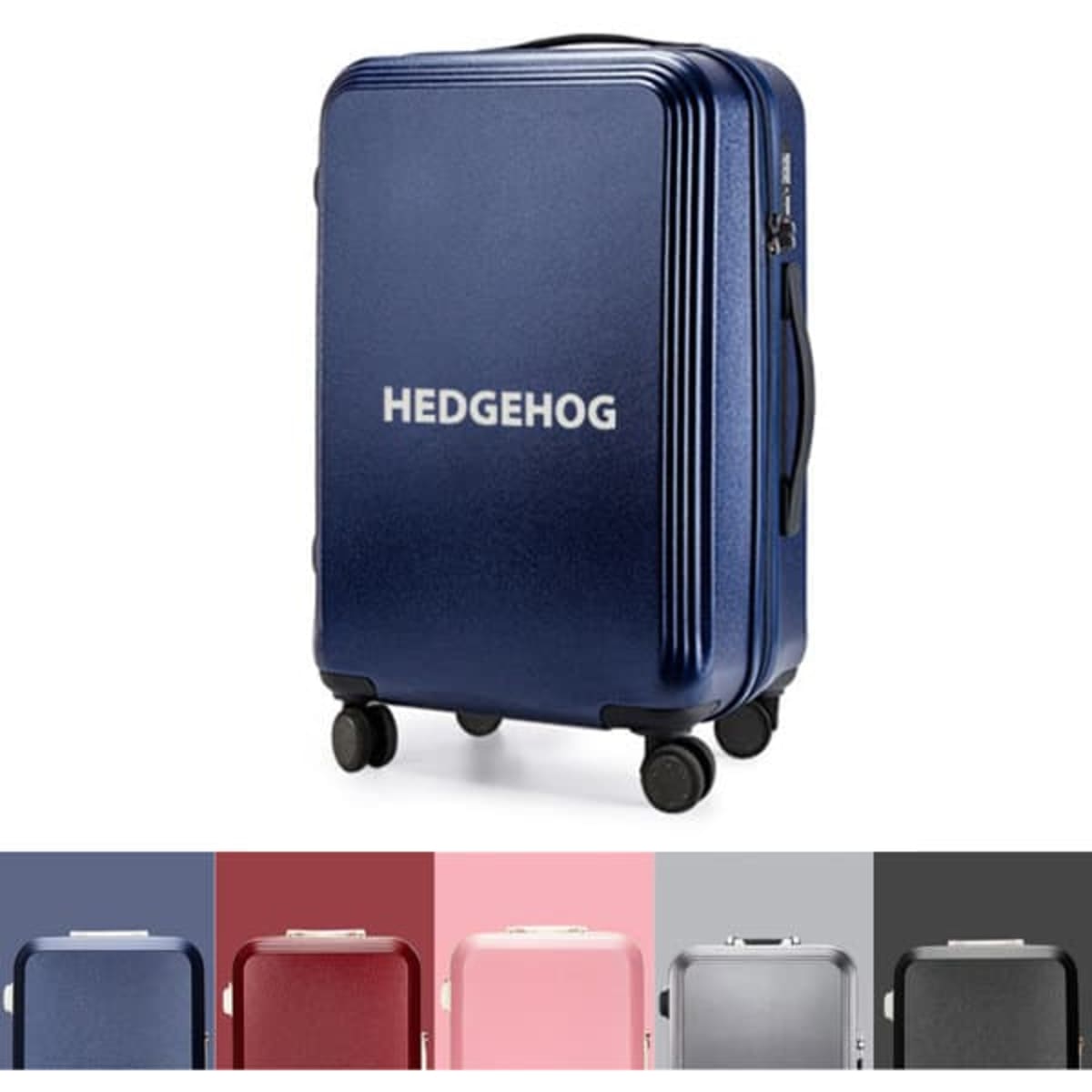 A 20-inch carry-on luggage in navy blue with a logo, featuring multiple colour options below.